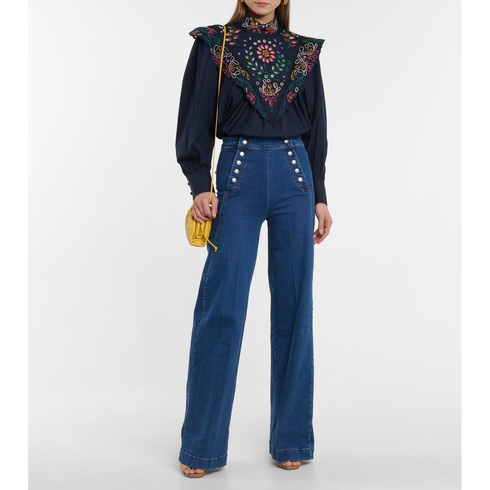 FRAME Sailor High Rise Wide Leg Jeans Dark Wash Gold Button Side Zip Size 26